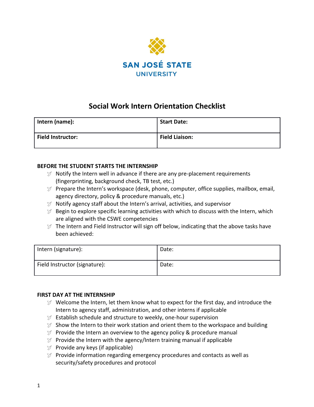 Social Work Intern Orientation Checklist