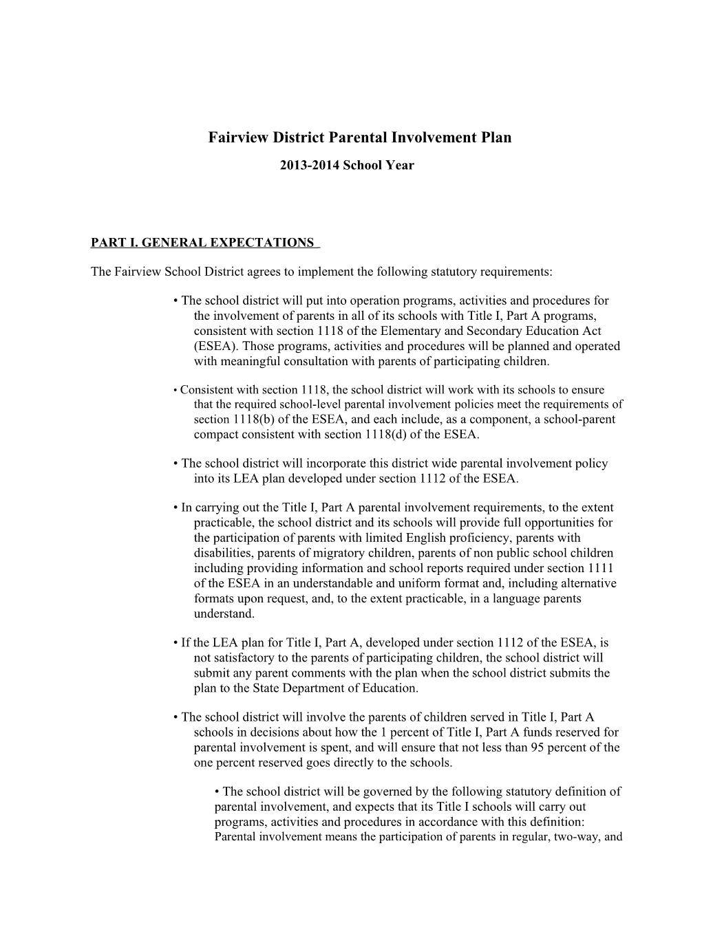 Fairview District Parental Involvement Policy