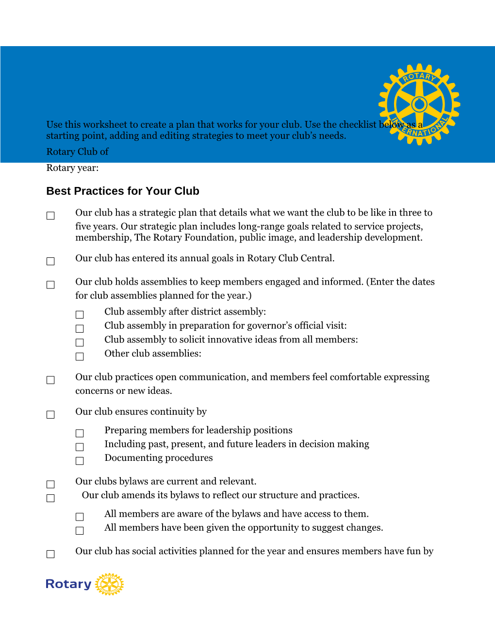 Club Leadership Plan Worksheet