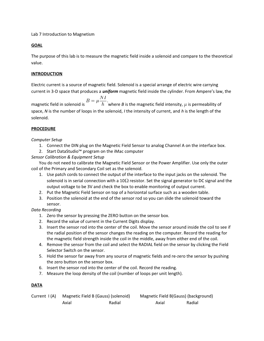 Lab 7 Introduction to Magnetism