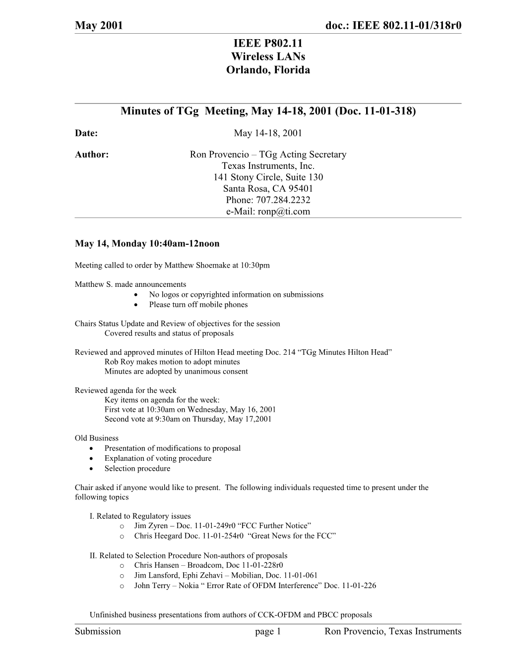 Minutes of Tgg Meeting, May 14-18, 2001 (Doc. 11-01-318)