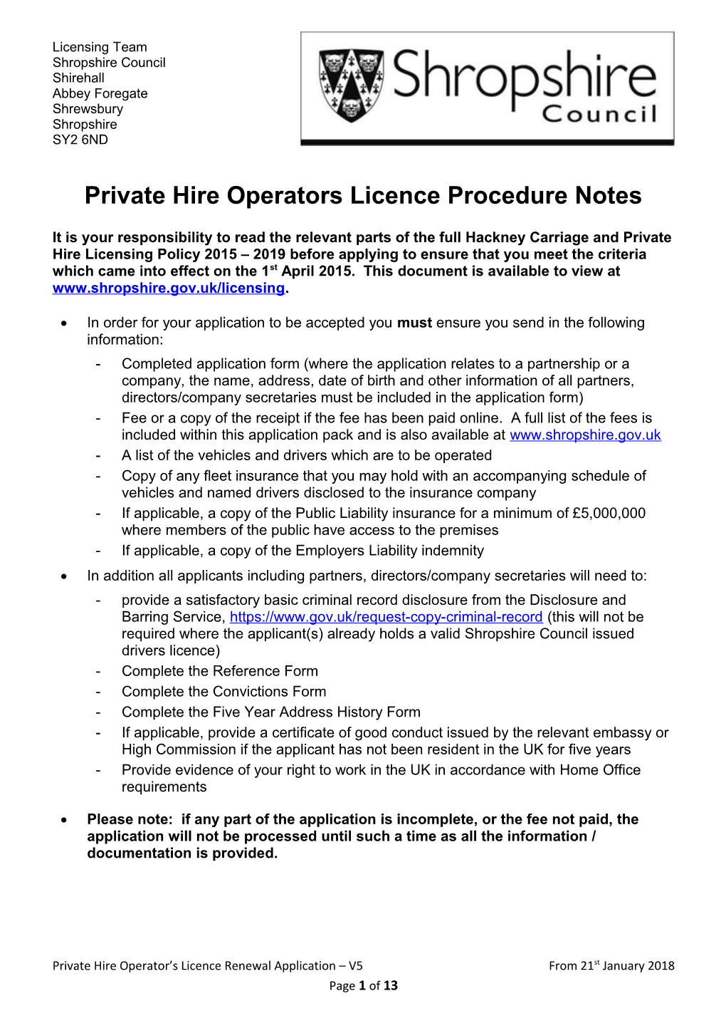 Private Hire Operators Licenceprocedure Notes