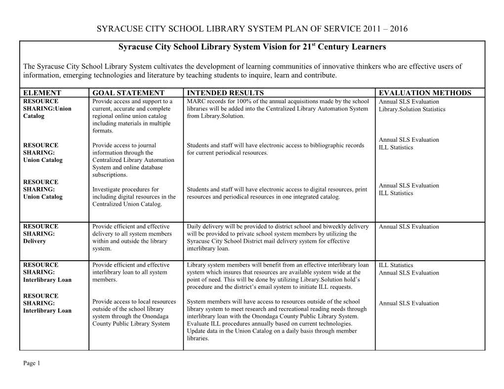 Syracuse City School Library System Plan of Service 2011 2016