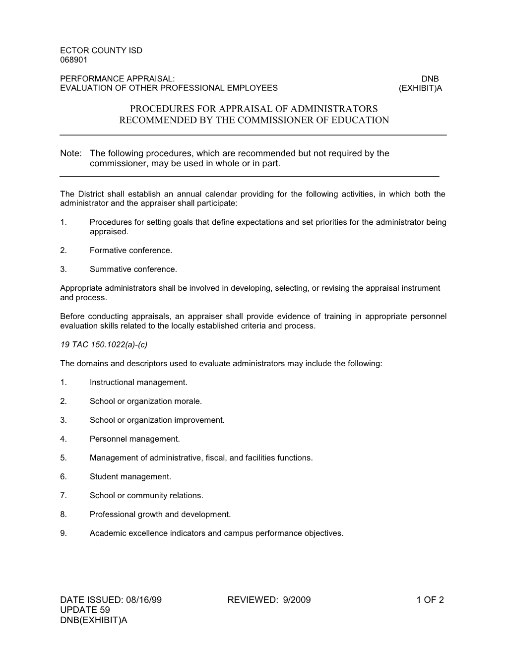 Procedures for Appraisal of Administrators Recommended by the Commissioner of Education