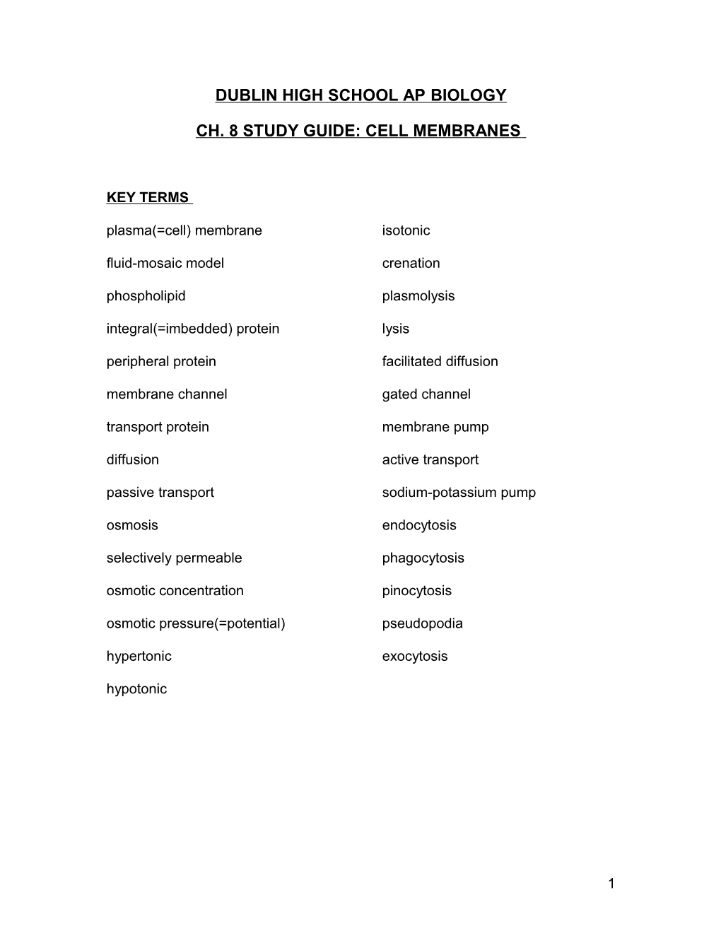 Study Guide: Cell Membranes