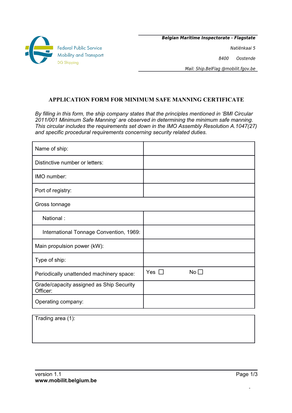 Application Form for Minimum Safe Manning Certificate