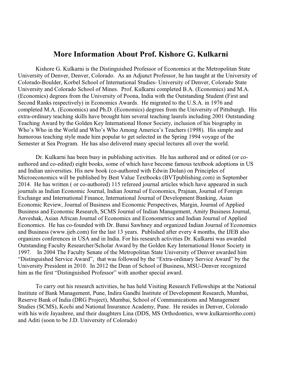 More Information About Prof. Kishore G. Kulkarni