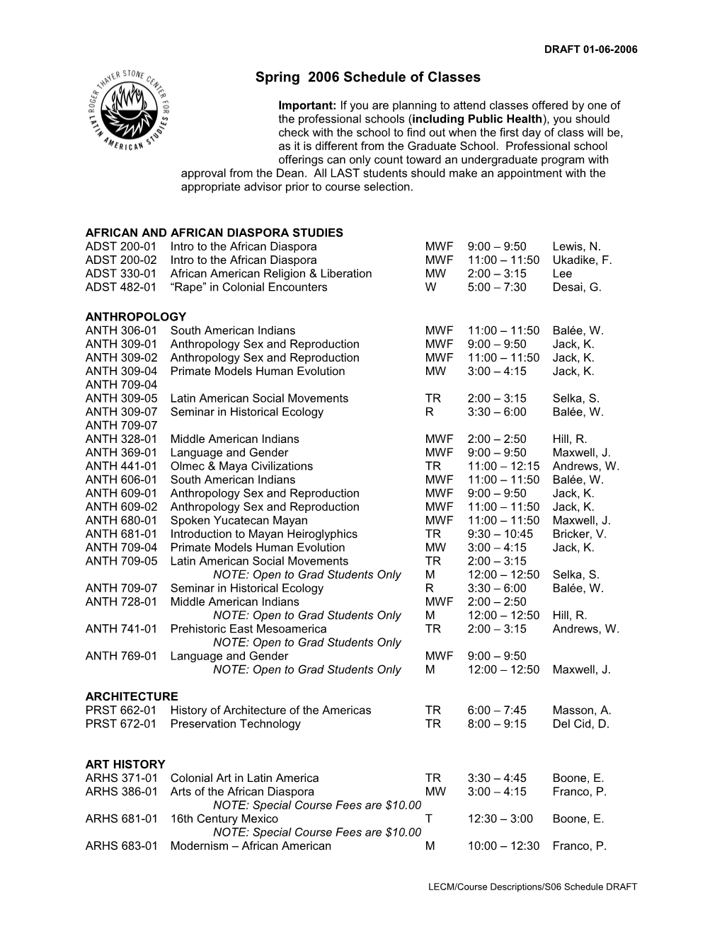 Spring 2003 Schedule of Classes