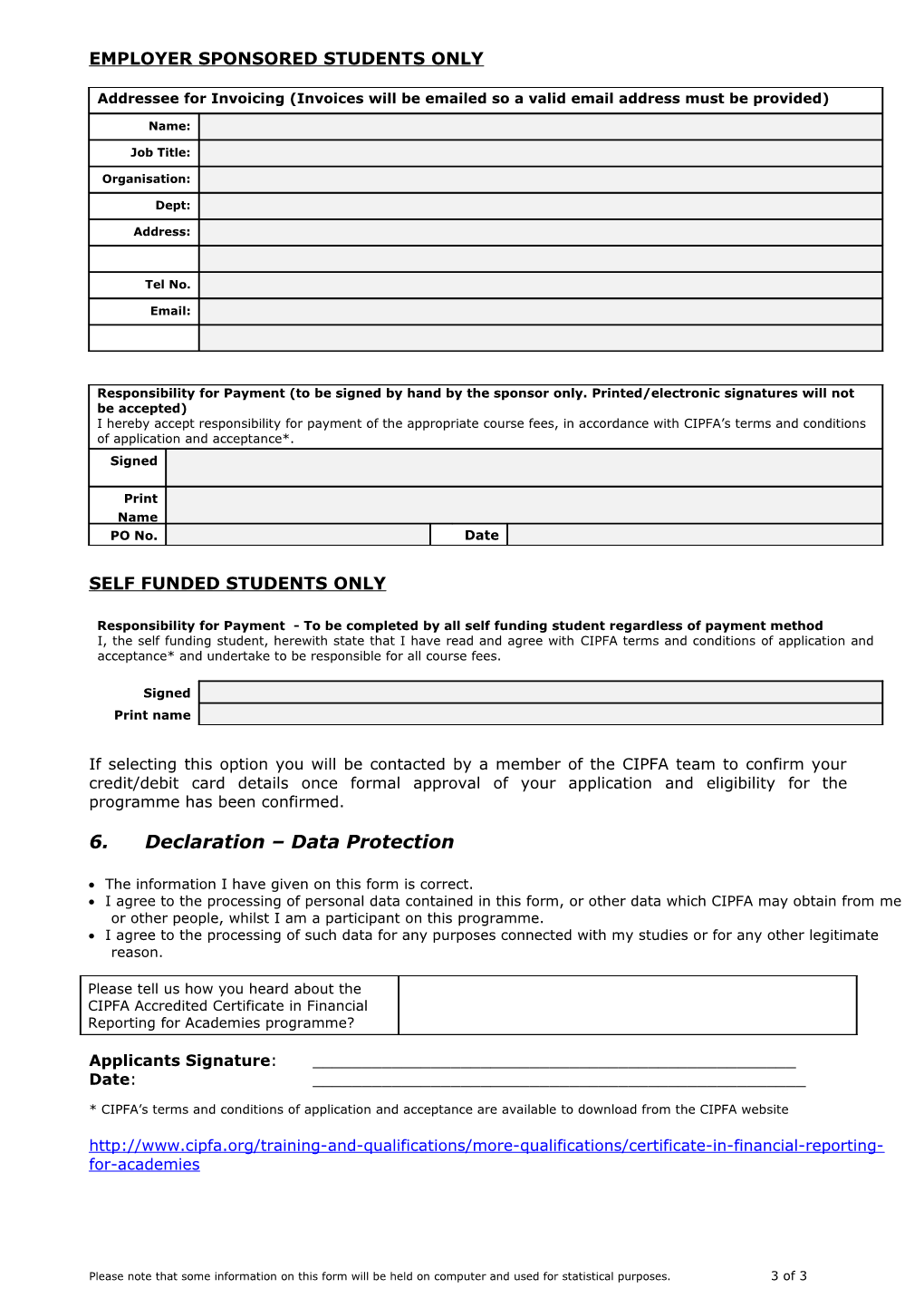 CIPFA Certificate in Financial Reporting for Academies Application Form