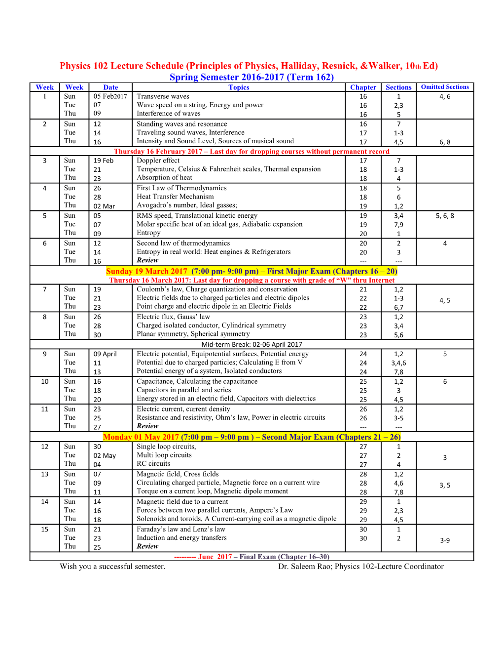 Physics 102 Lecture Schedule (Principles of Physics, Halliday, Resnick, &Walker, 10Th Ed)