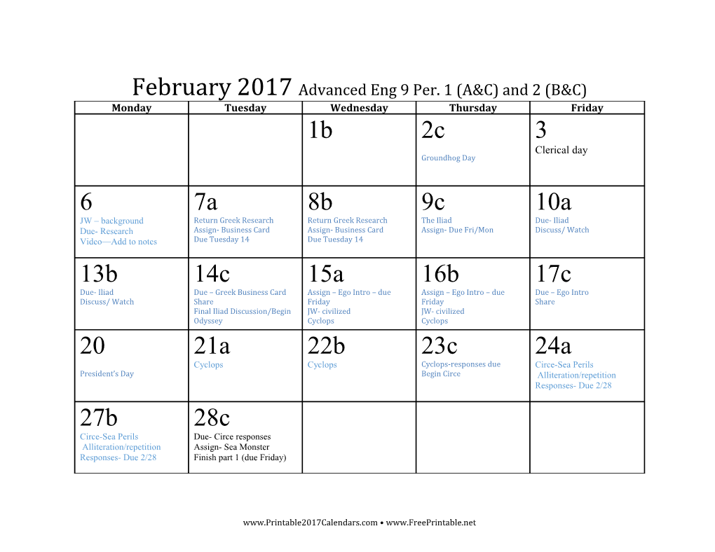 February 2017 Advanced Eng 9 Per. 1 (A&C) and 2 (B&C)