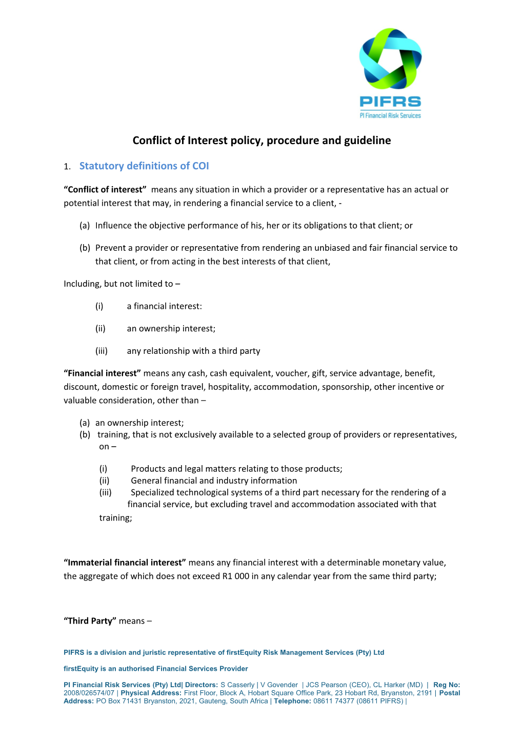 Conflict of Interest Policy, Procedure and Guideline