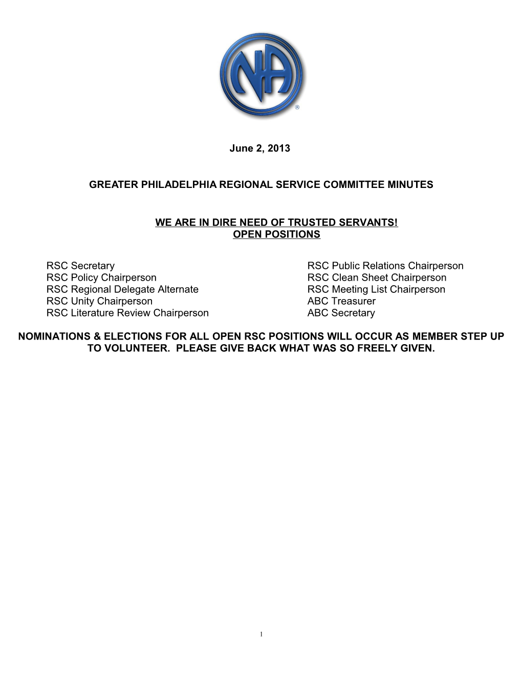 Greater Philadelphia Regional Service Committee Minutes