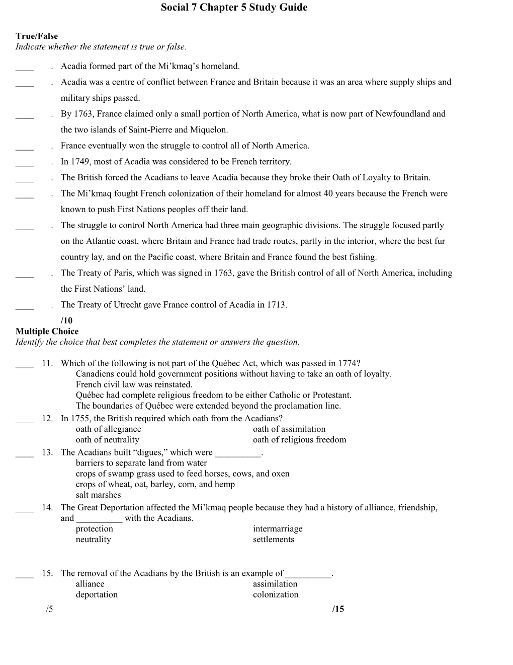 Social 7 Chapter 5 Study Guide