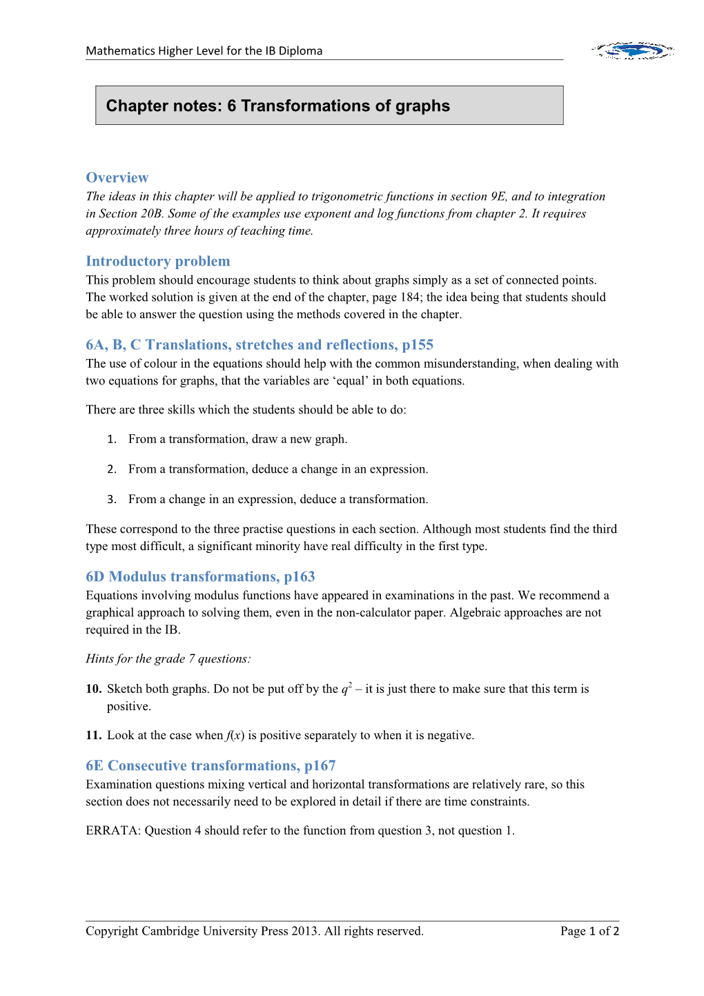 Chapter Notes: 6 Transformations of Graphs