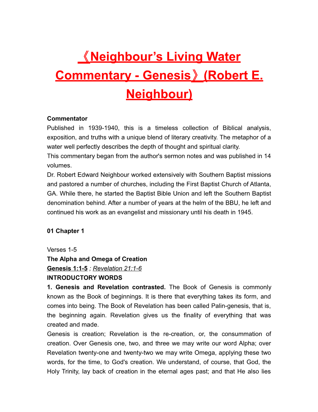 Neighbour S Living Water Commentary-Genesis (Robert E. Neighbour)