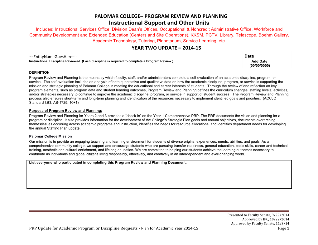 Palomar College Program Review and Planning