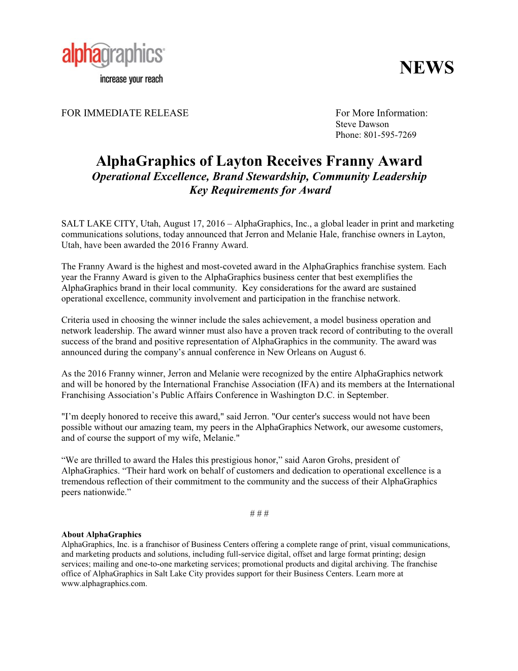 Alphagraphics of Layton Receives Franny Award