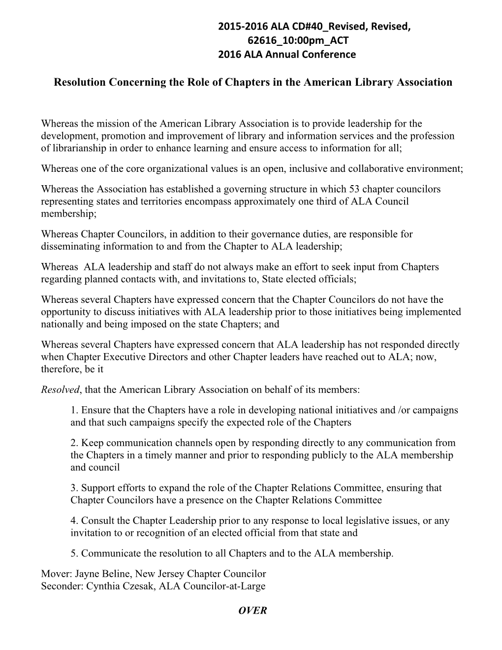 Resolution Concerning the Role of Chapters in the American Library Association