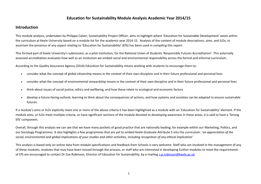 Education for Sustainability Module Analysis Academic Year 2014/15