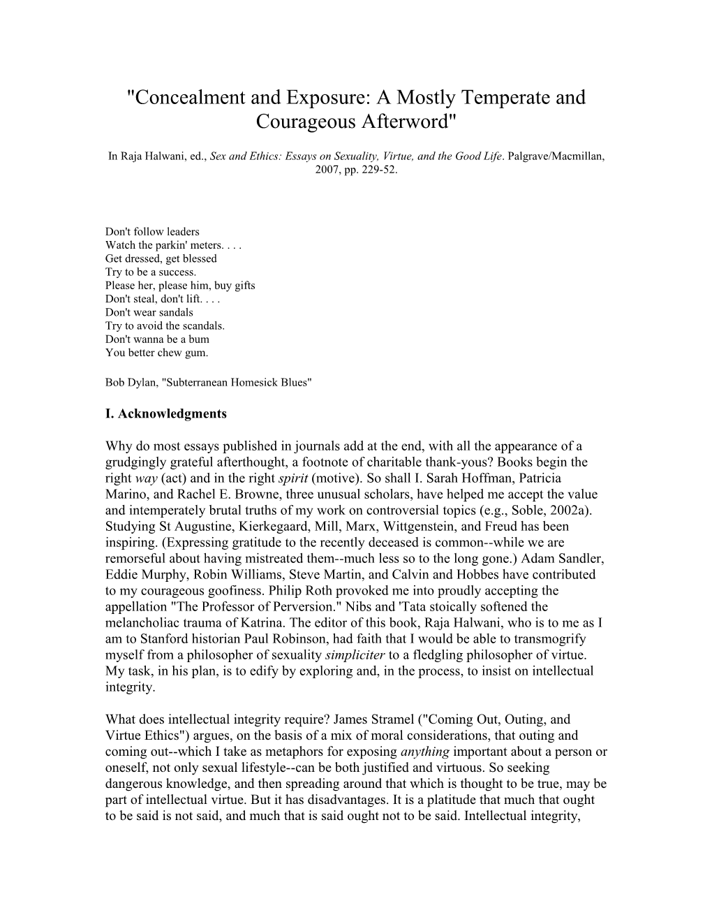 Concealment and Exposure: a Mostly Temperate and Courageous Afterword