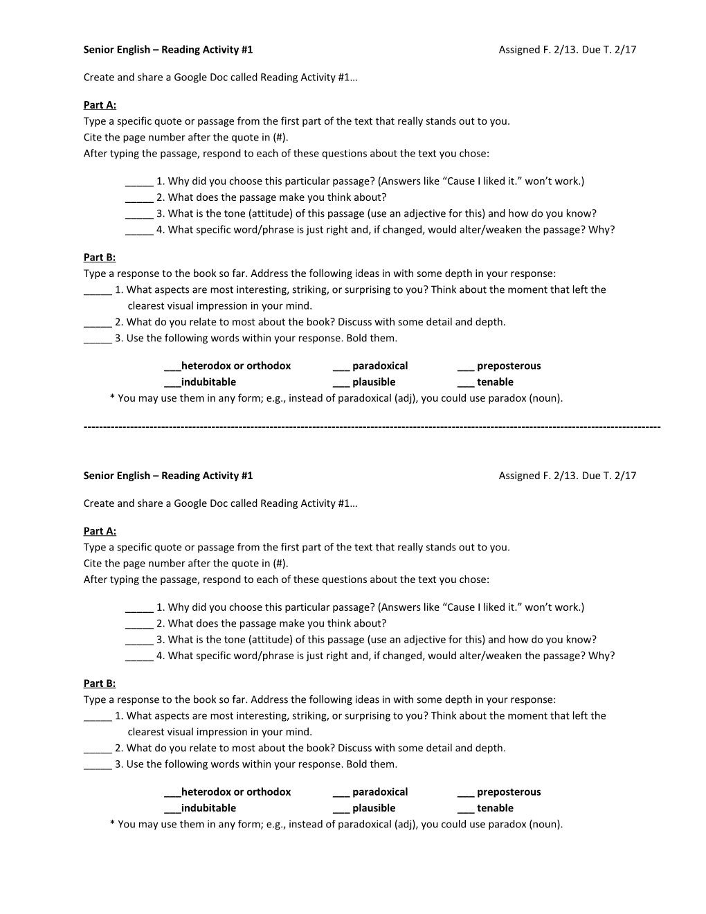 Create and Share a Google Doc Called Reading Activity #1