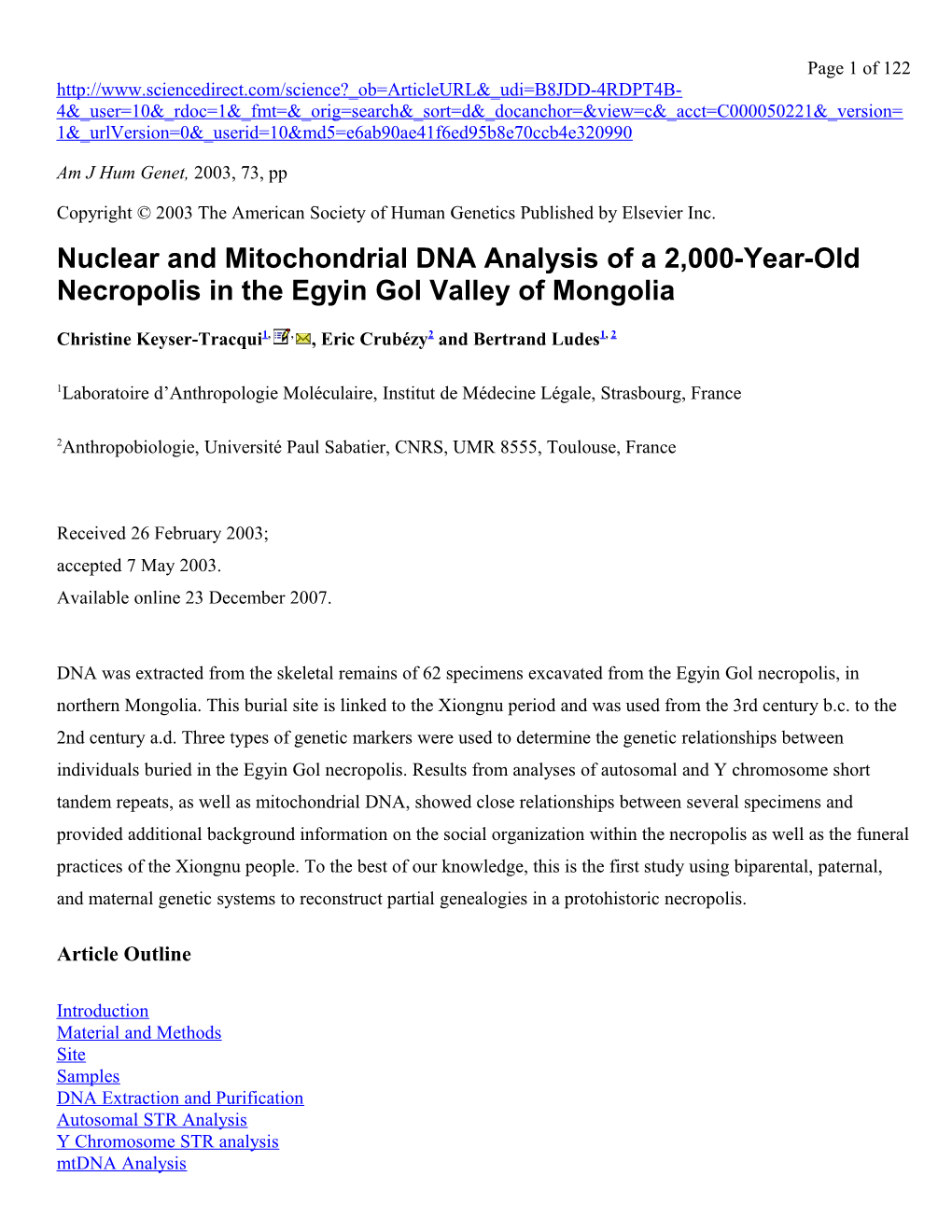 Nuclear and Mitochondrial DNA Analysis of a 2,000-Year-Old Necropolis in the Egyingolvalley