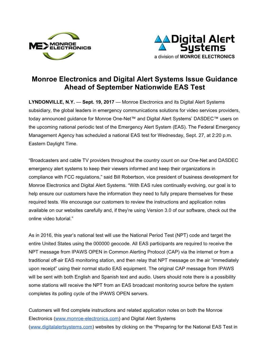 Monroe Electronics and Digital Alert Systems Issue Guidance Ahead of September Nationwide