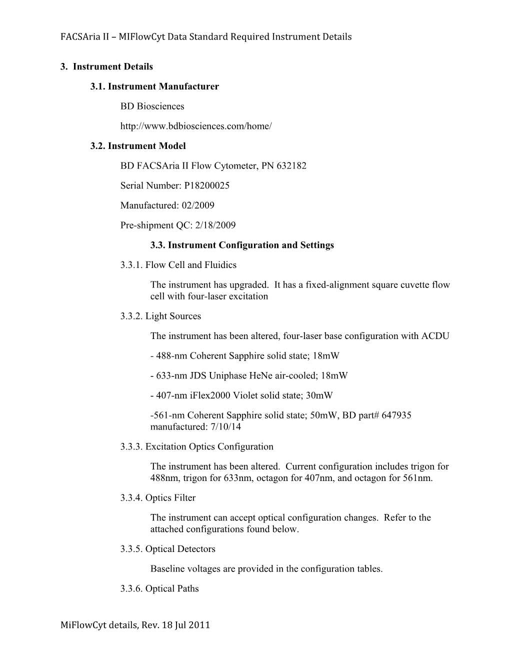 Facsaria II Miflowcyt Data Standard Required Instrument Details