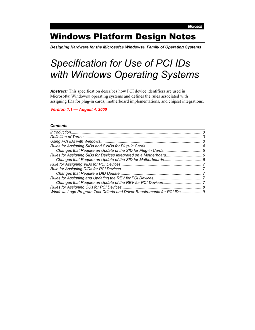 Specification for Use of PCI Ids with Windows Operating Systems
