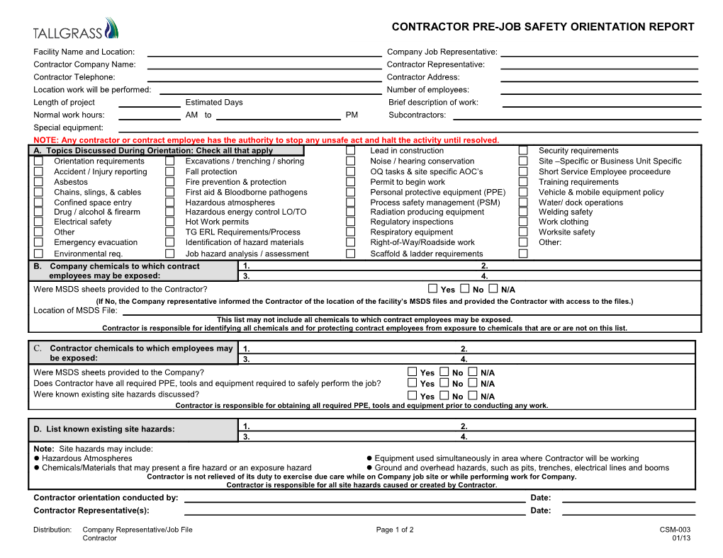 Contractor Safety & Environmental Orientation Document
