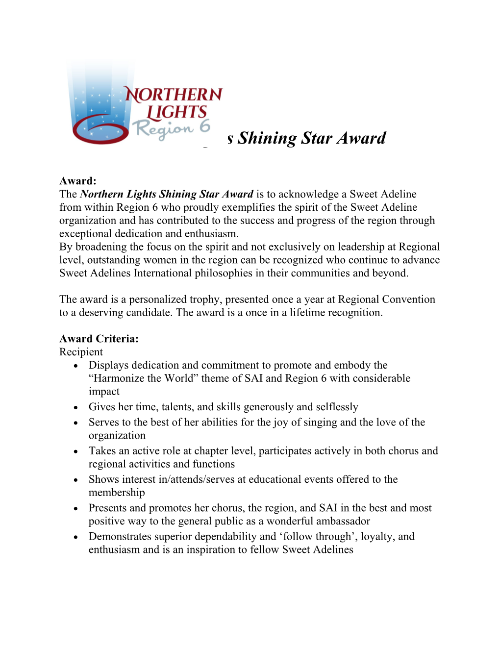 Northern Lights Shining Star Award