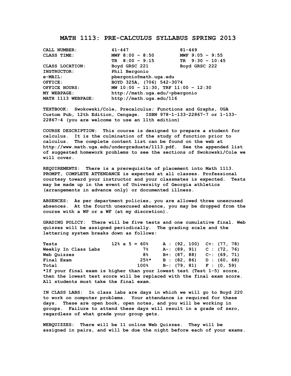 Math 1113: Pre-Calculus Syllabus Fall 2009