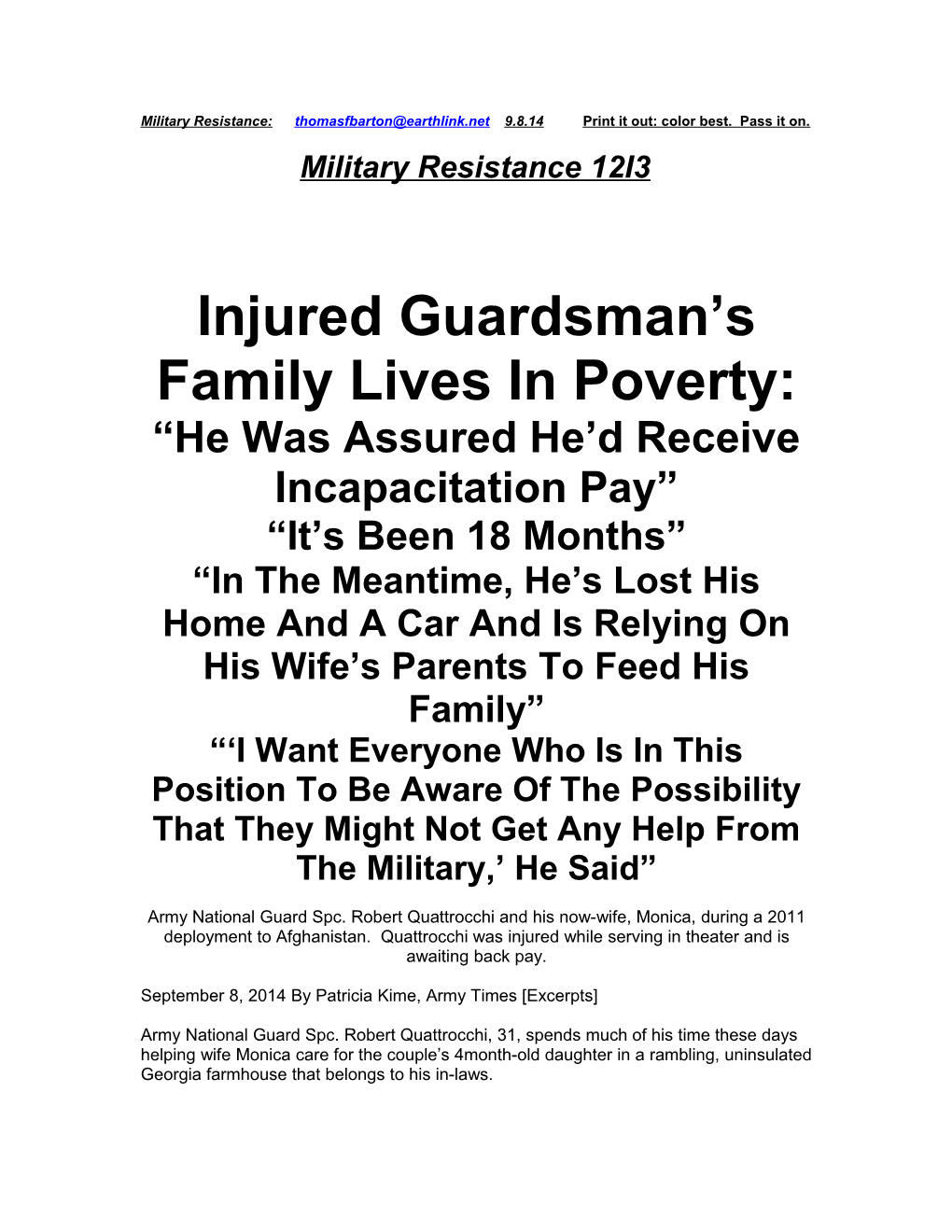 Injured Guardsman S Family Lives in Poverty