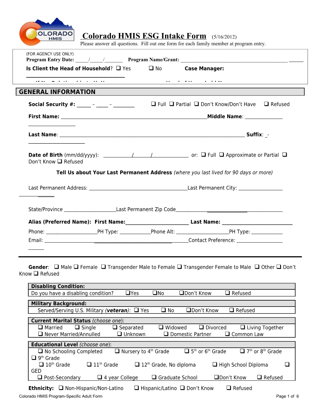 Colorado HMIS ESG Intake Form (5/16/2012)