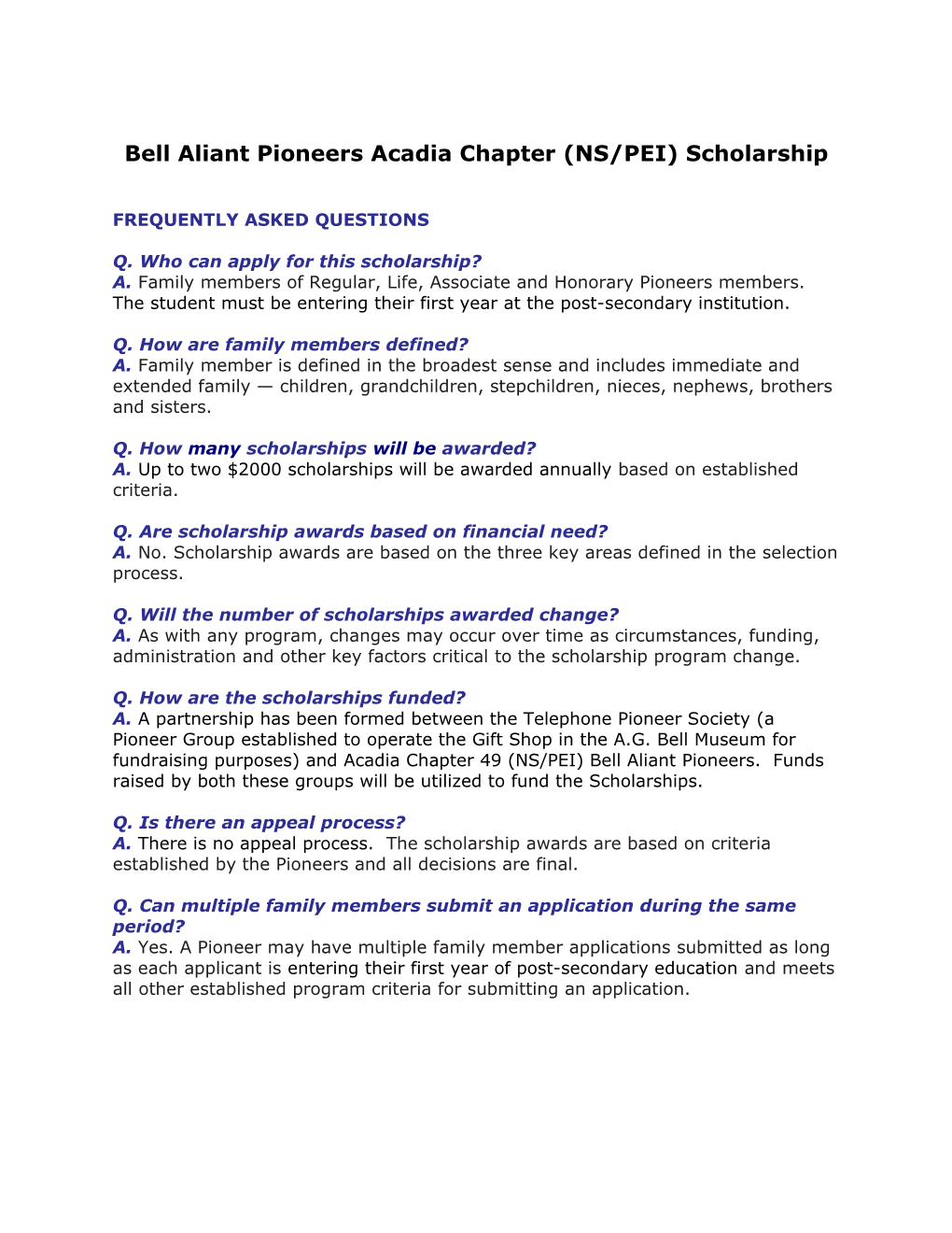 Telephone Pioneer Society/Acadia Chapter 49 (NS/PEI) Bell Aliant Pioneers Scholarship Program