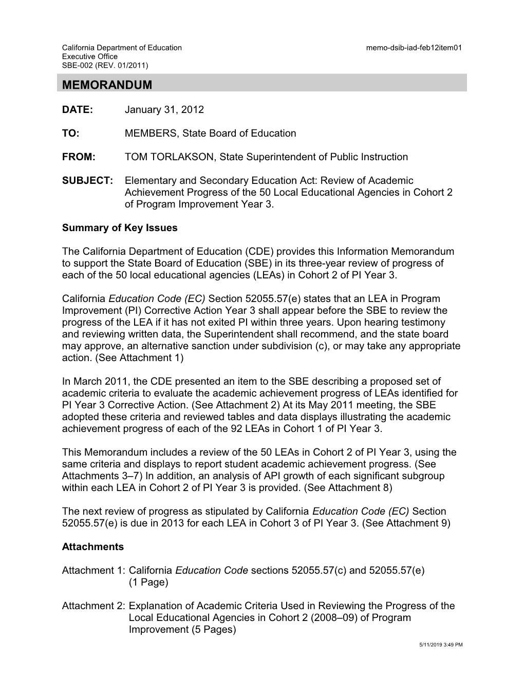 February 2012 Memorandum IAD Item 1 - Information Memorandum (CA State Board of Education)