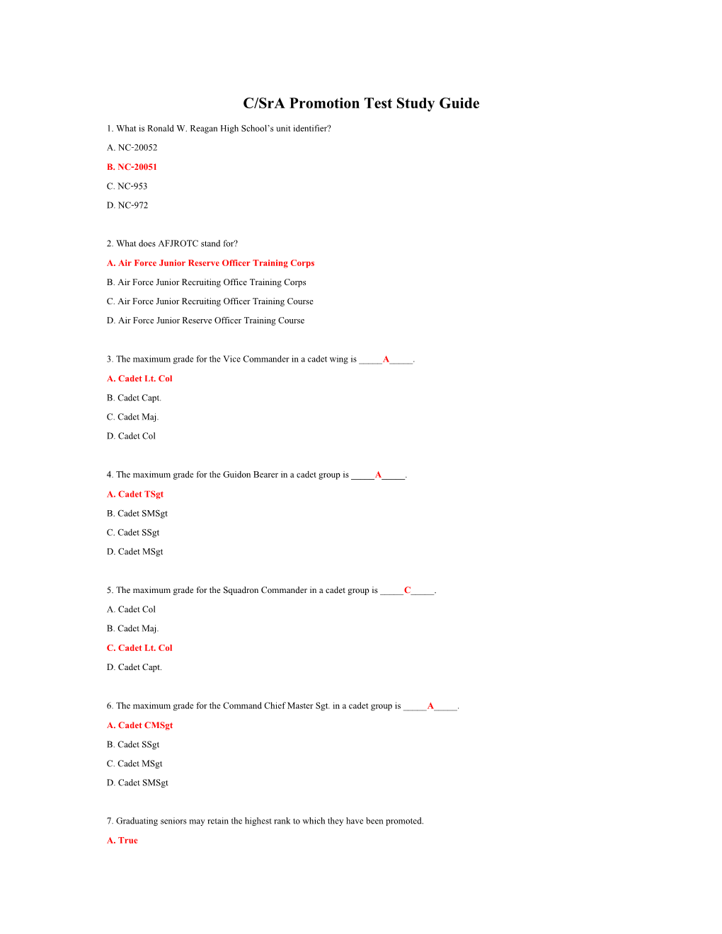 C/Sra Promotion Test Study Guide