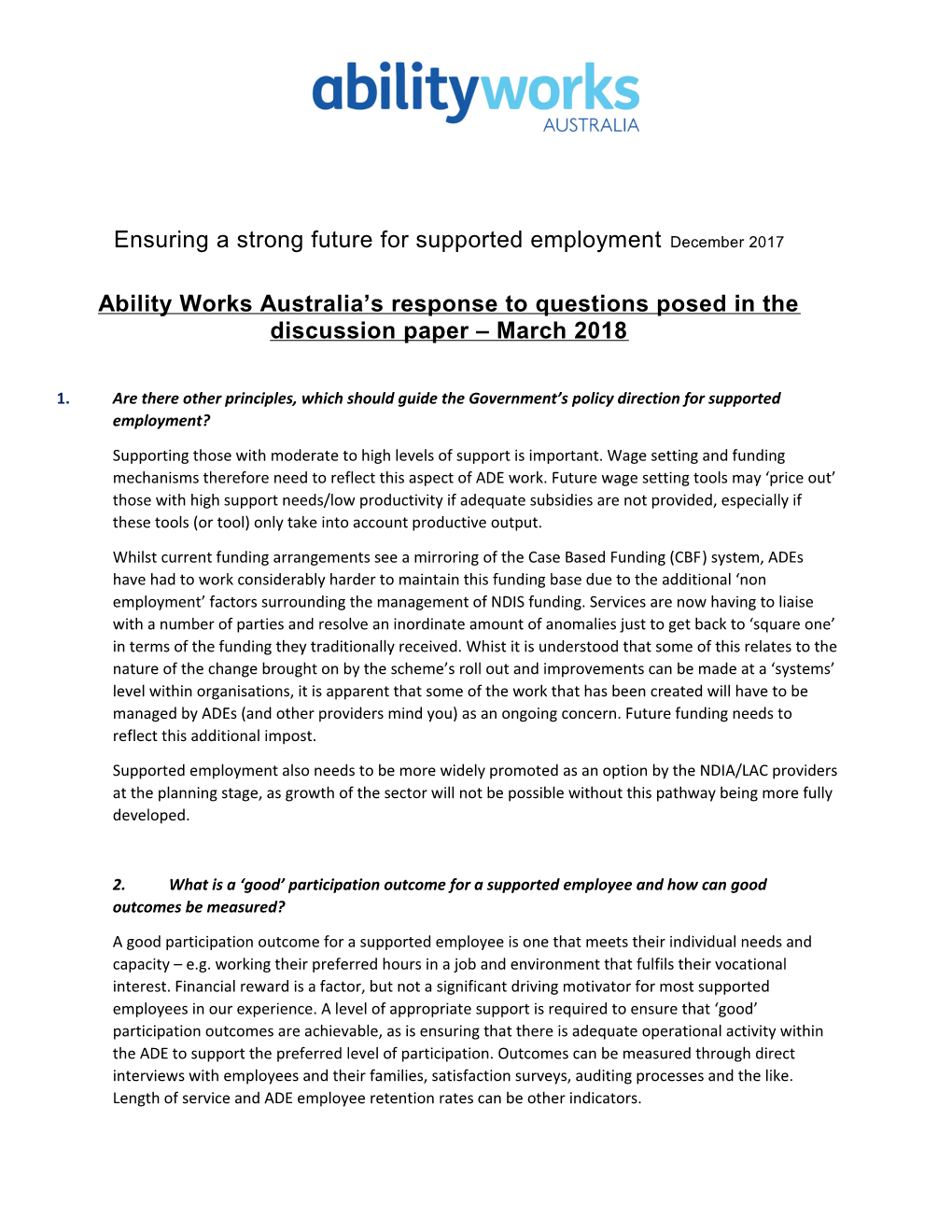 Ability Works Australia S Response to Questions Posed in the Discussion Paper March 2018