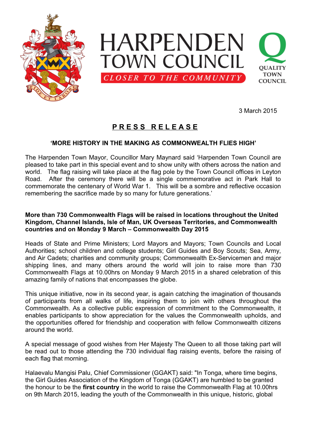 Press Release - Commonwealth Flag Raising Ceremony