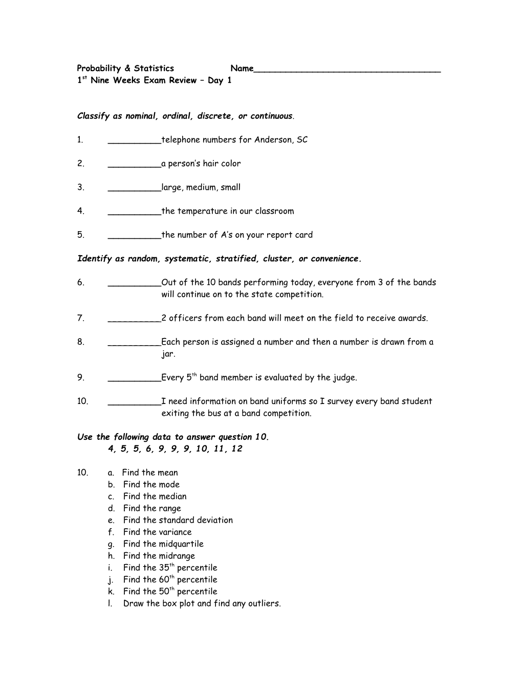 1St Nine Weeks Exam Review Day 1