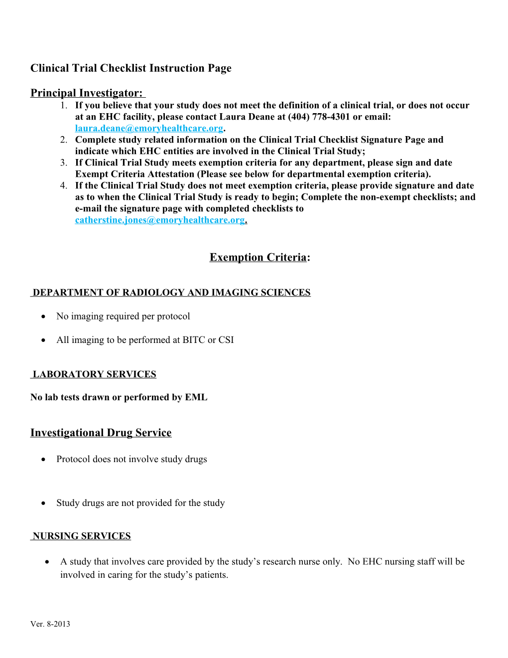 Clinical Trial Checklist Instruction Page