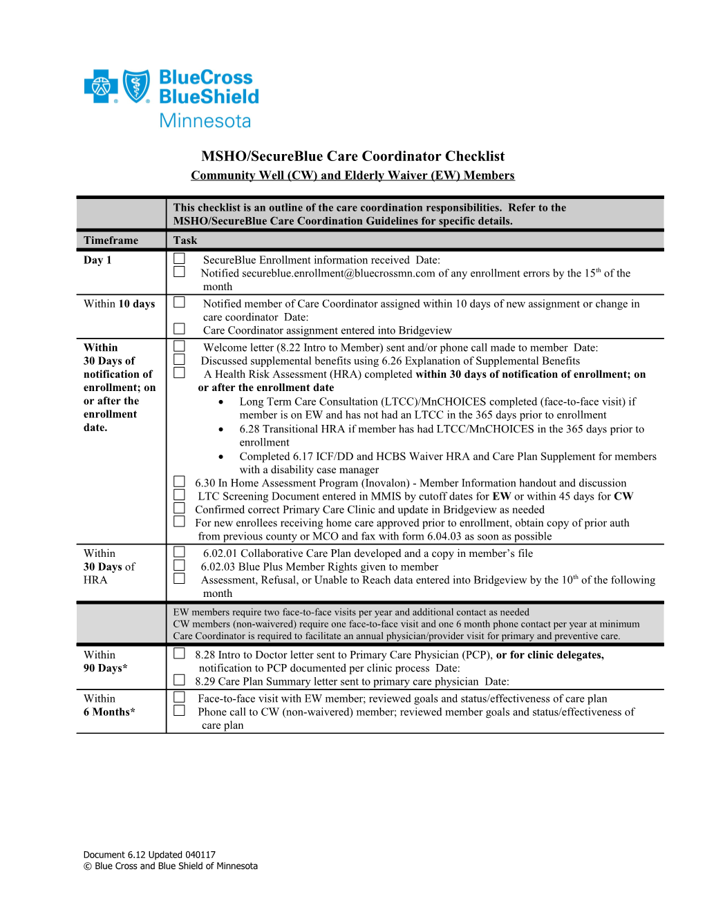 MSHO/Secureblue Care Coordinator Checklist