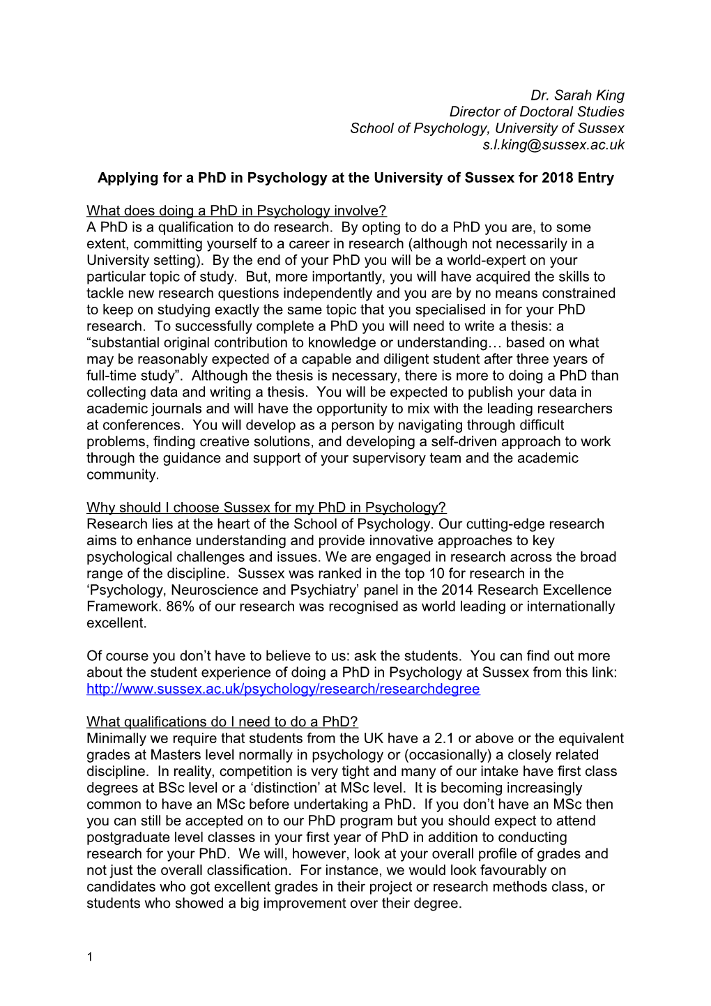Applying for a Phd in Psychology at the University of Sussex for 2018 Entry