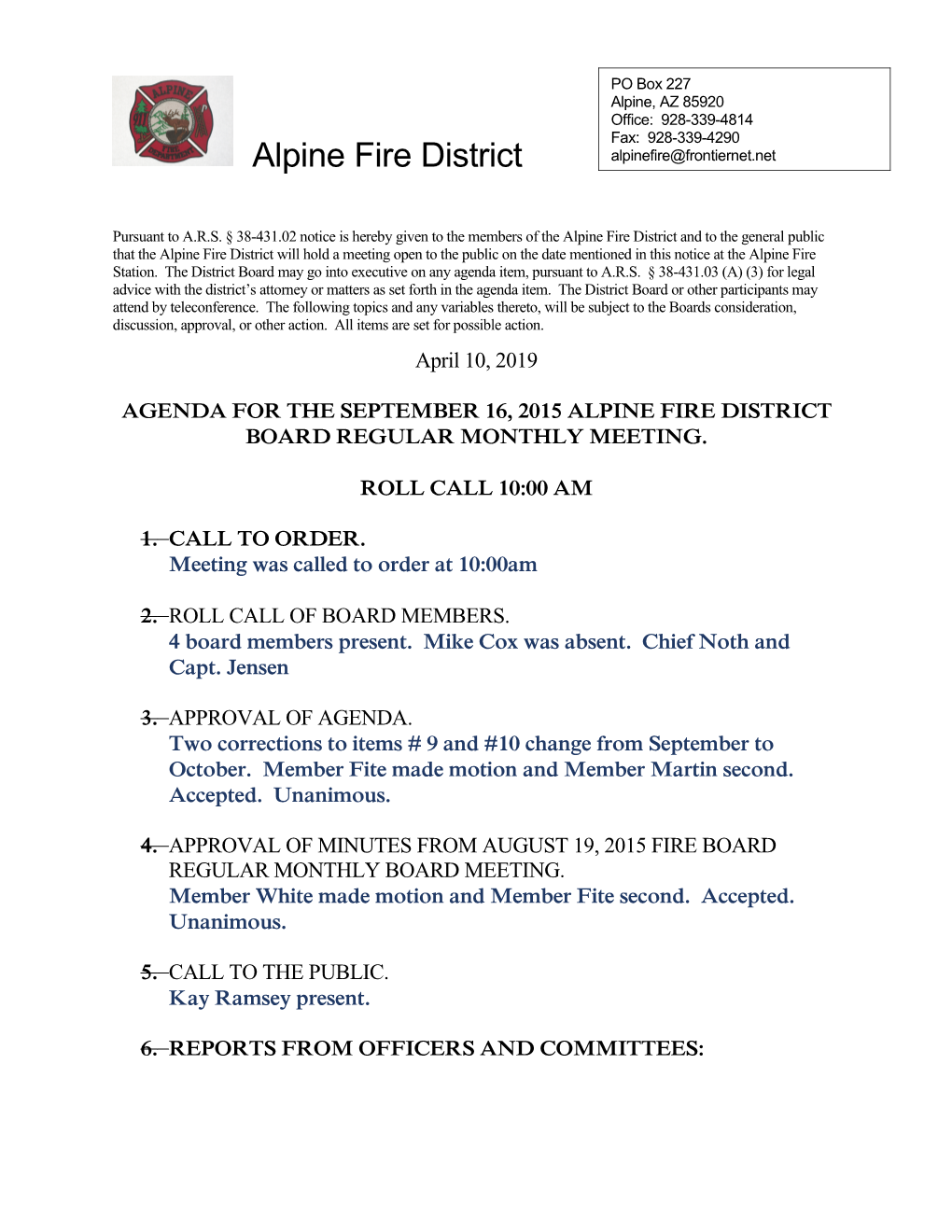 Agenda for Theseptember 16, 2015 Alpine Fire District Board Regular Monthly Meeting