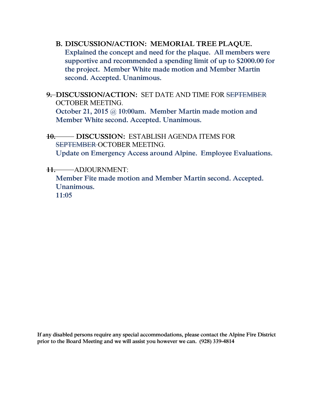 Agenda for Theseptember 16, 2015 Alpine Fire District Board Regular Monthly Meeting