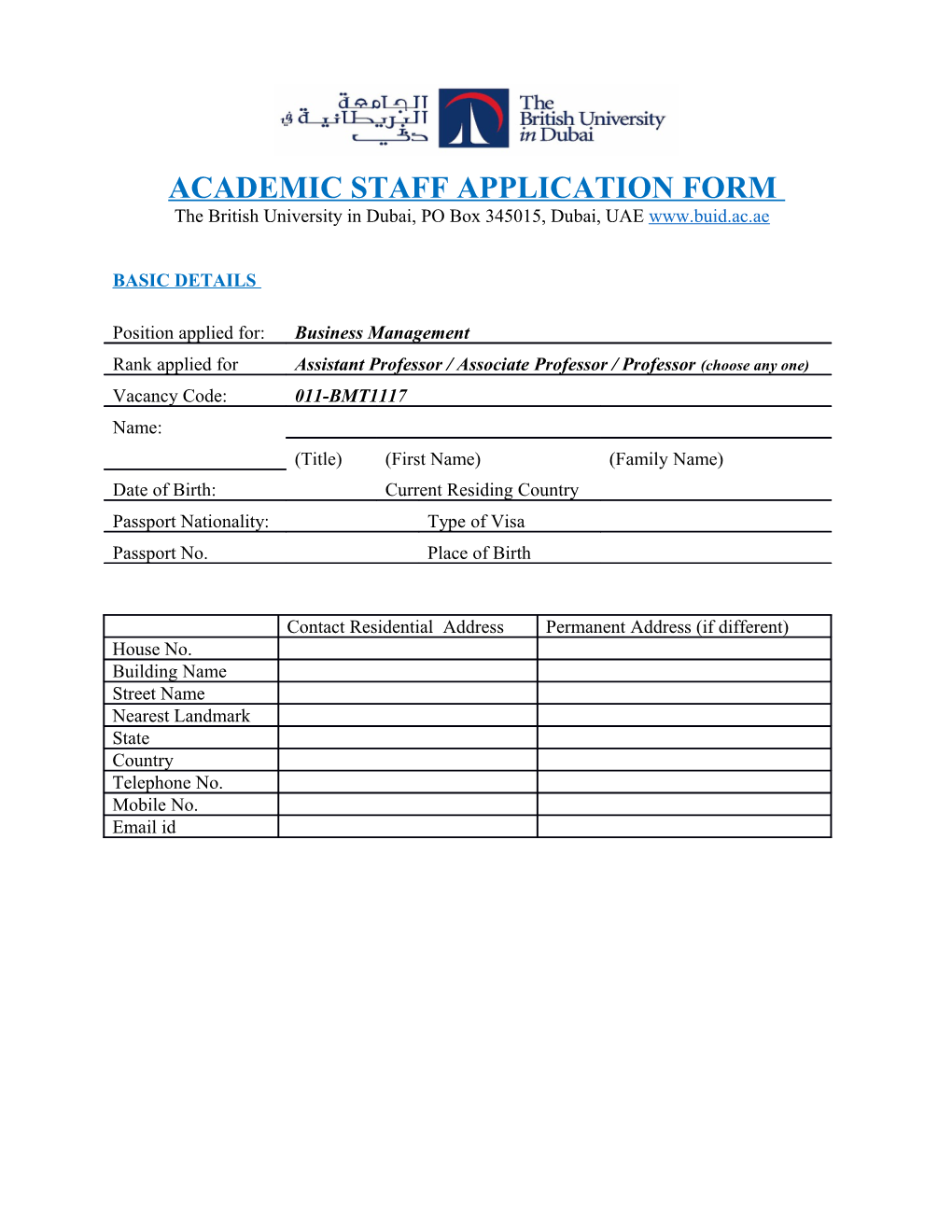 Academic Staff Application Form