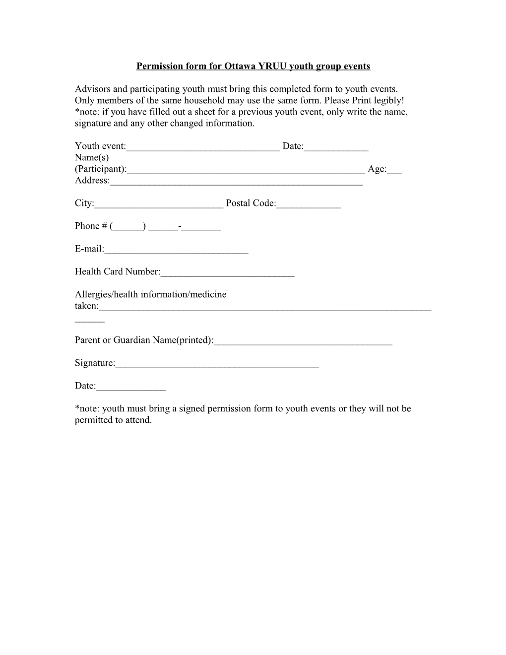 Permission Form for Ottawa YRUU Youth Group Events