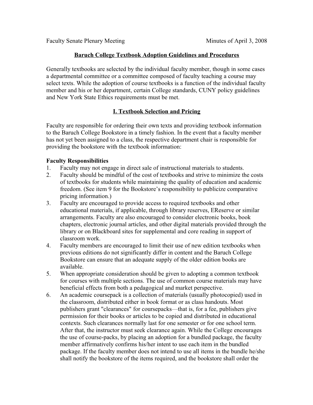 Faculty Senate Plenary Meeting Minutes of April 3, 2008