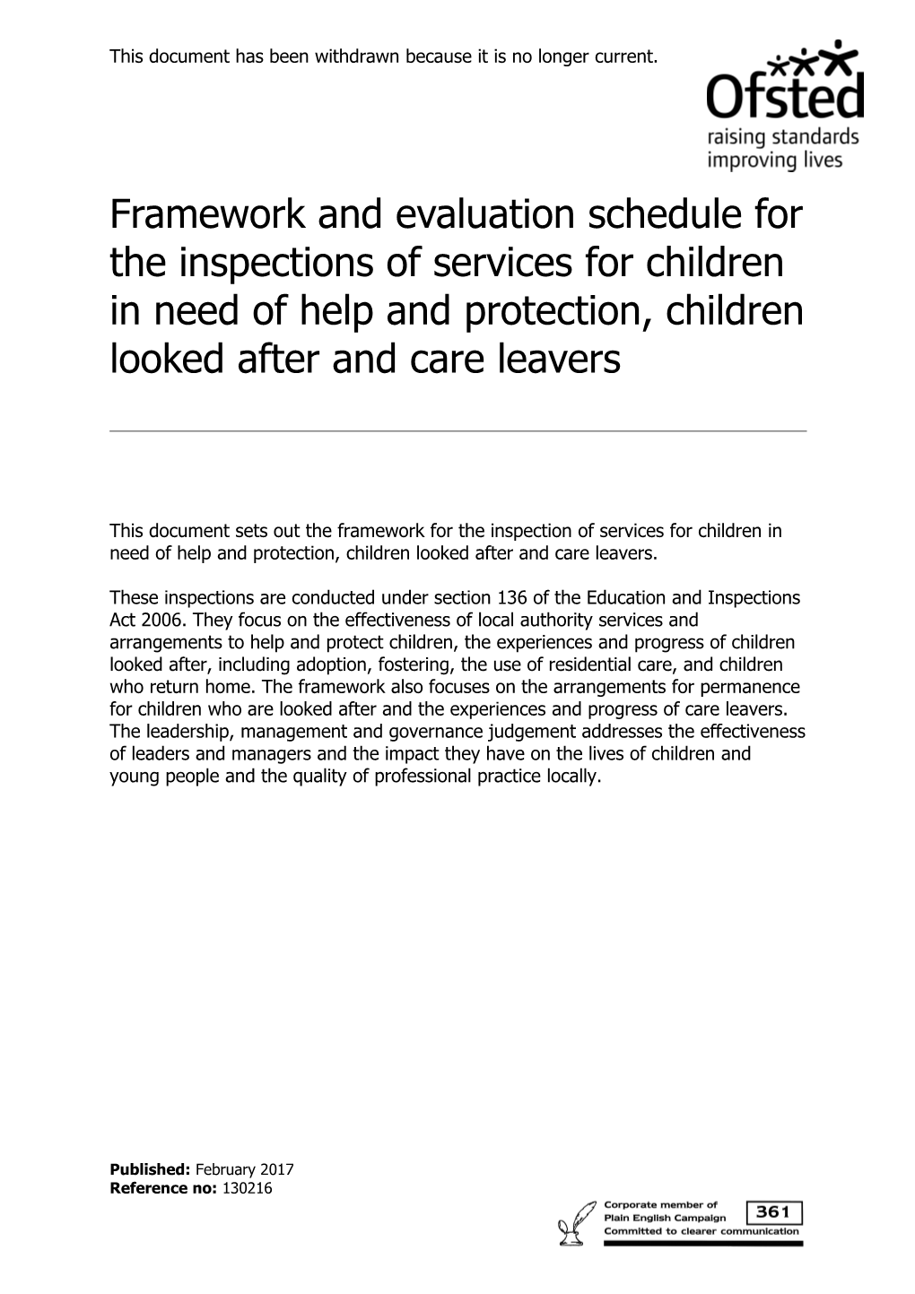 Inspecting Local Authority Children's Services: Single Inspection Framework